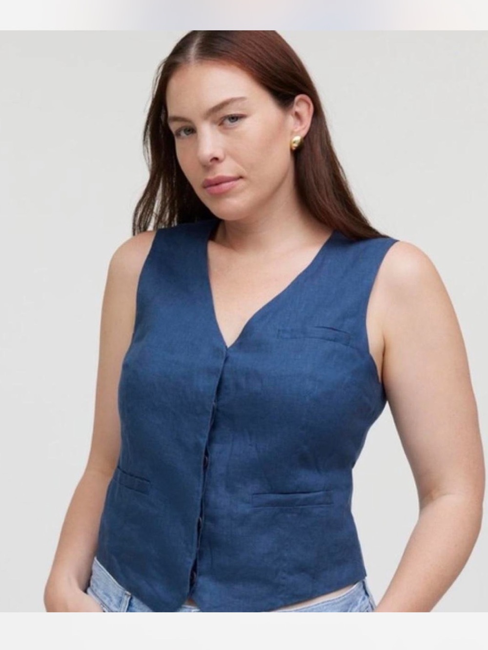 MADEWELL Sz 0 Deep Shadow Blue Single Breasted Linen Vest Original $78